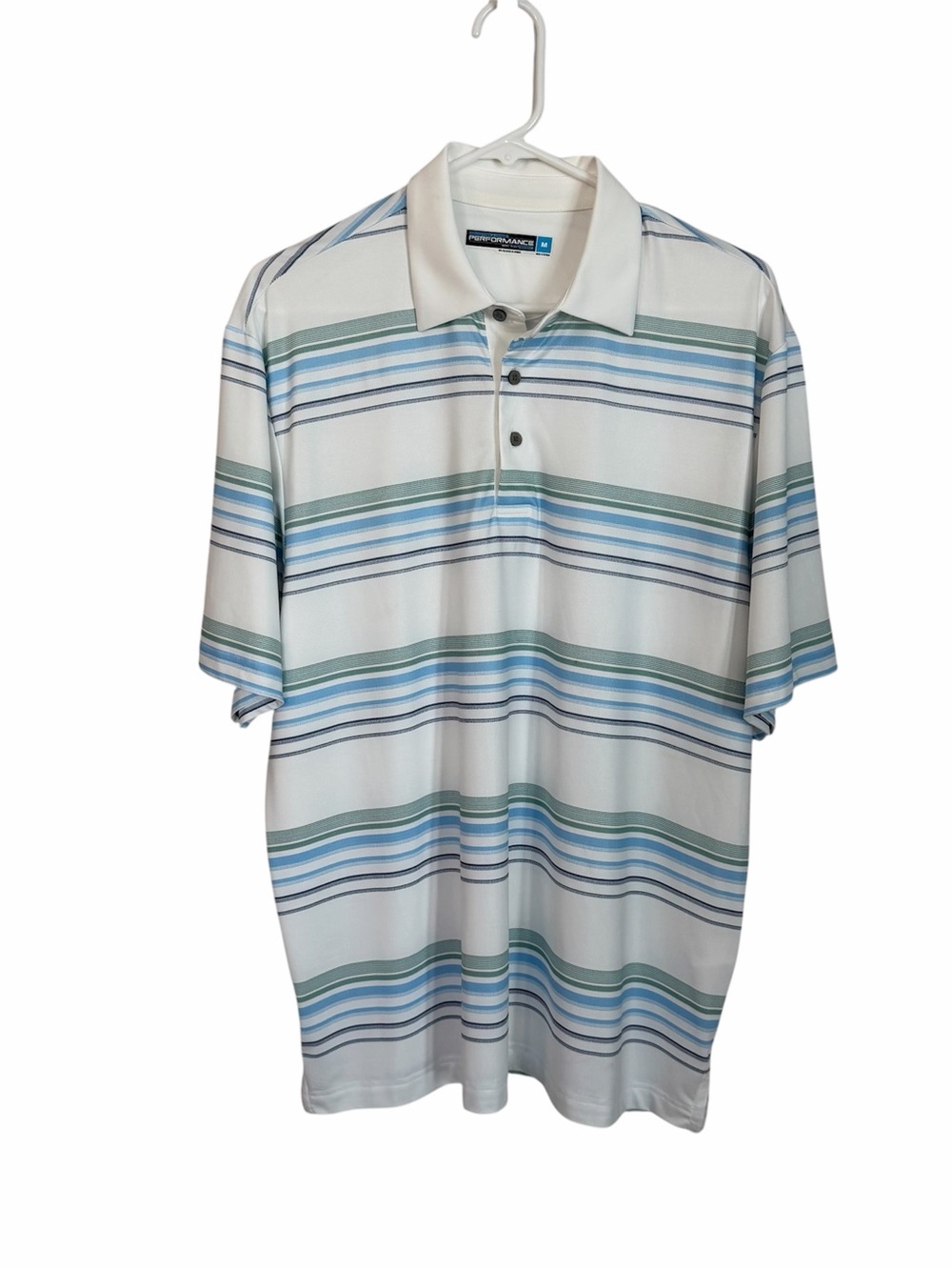 Roundtree & Yorke Performance Work Play Perform White Striped Polo Sz M GUC